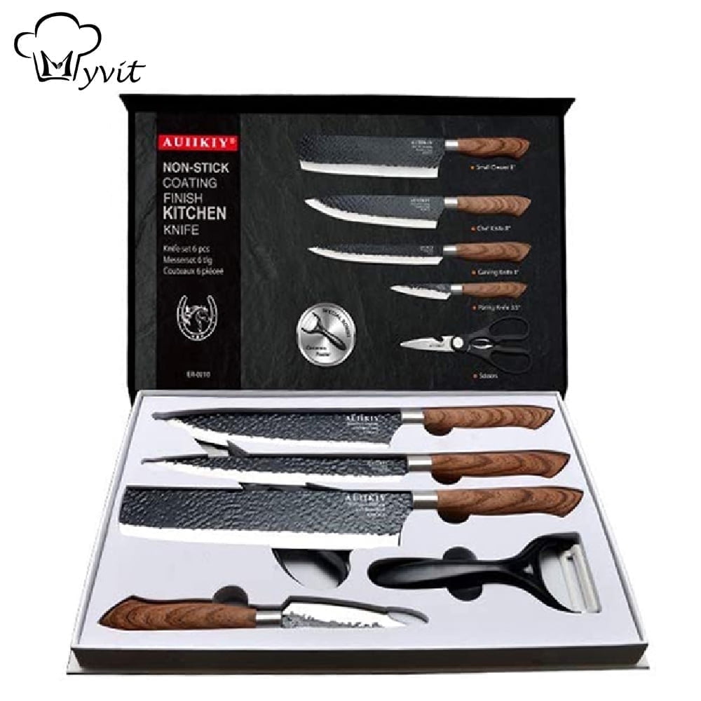 Myvit Kitchen Chef Knife Knives Set Stainless Steel Scissors Slicer Knife Peeler Nakiri Knife 6Pcs Set with Gift Case