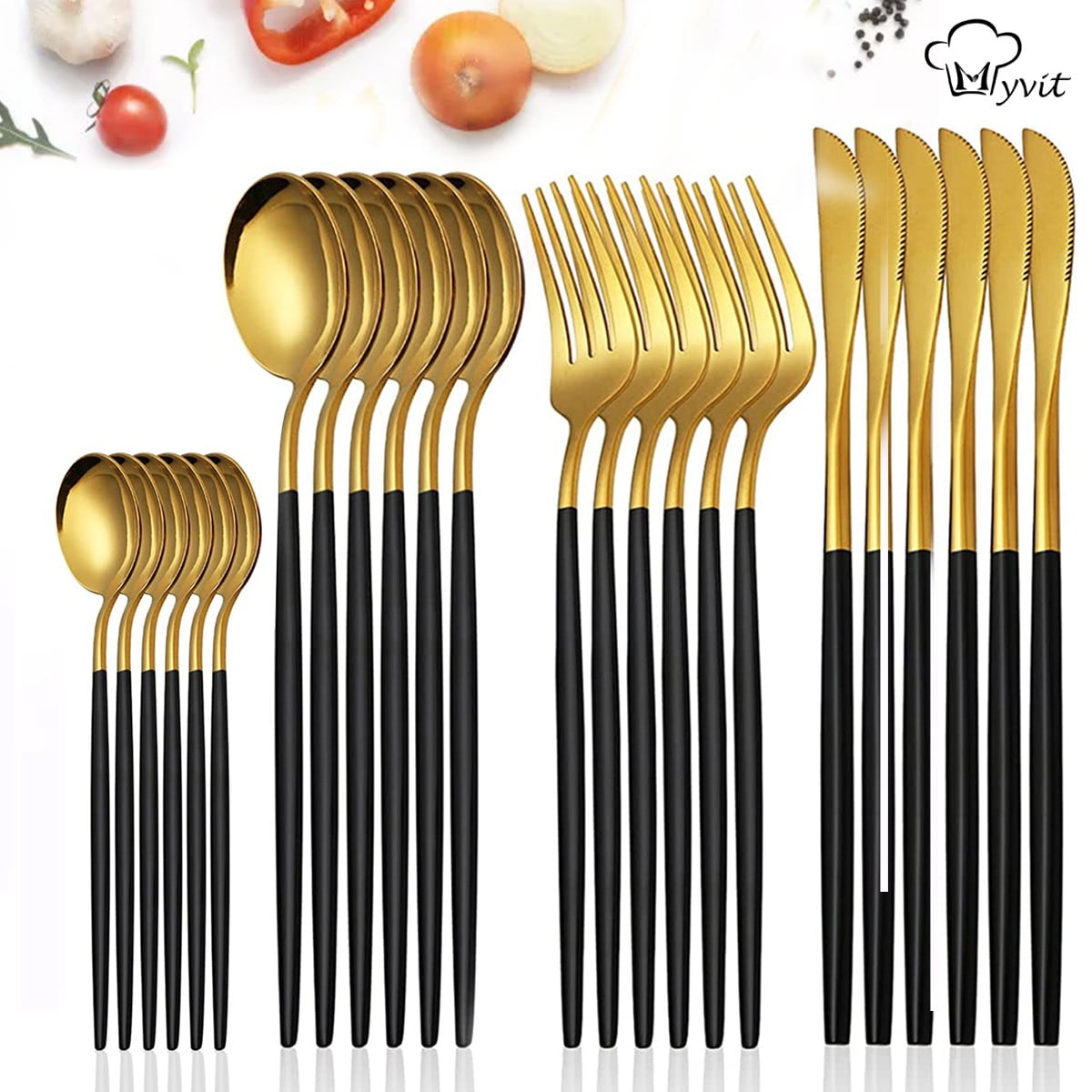 Myvit Matte Black Gold Dinnerware Silverware Set of 24pcs Kitchen