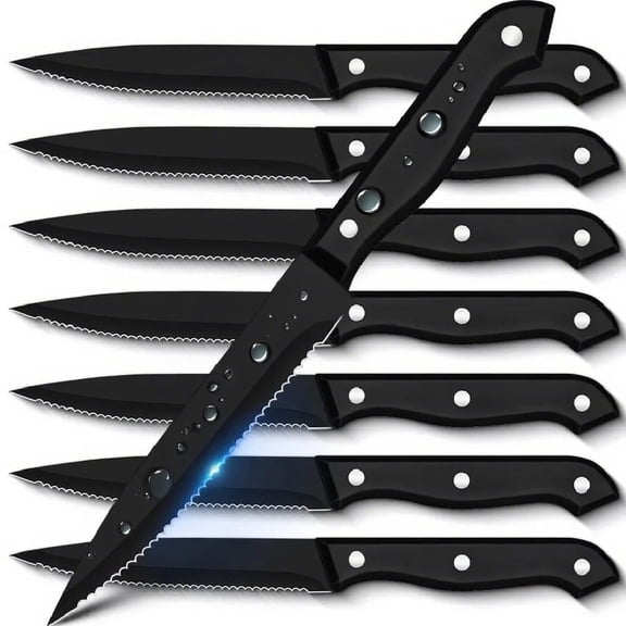 MYVIT Steak Knives Set 8 Piece Serrated Meat Cutting Dinner Knife Dishwasher Safe Stainless Steel Black Kitchen Knife Cooking Tool
