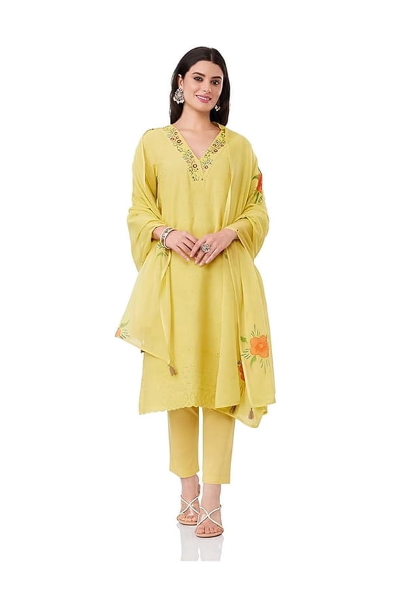 Myx Women's Embroidered Cotton Kurta Pant Set with Dupatta - Indian Ethnic Traditional Wear Kurta Set