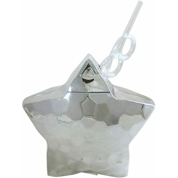 Myxx Silver Disco Ball Star Shaped Cup with Swirly Straw, 6 Inch Decorative