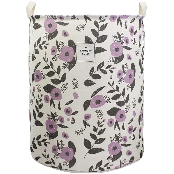 Mziart Collapsible Laundry Basket, Cute Floral Printing Laundry Hamper Nursery Storage Basket for Girls Kids Baby Toy Bin Dirty Clothes Basket(Purple)