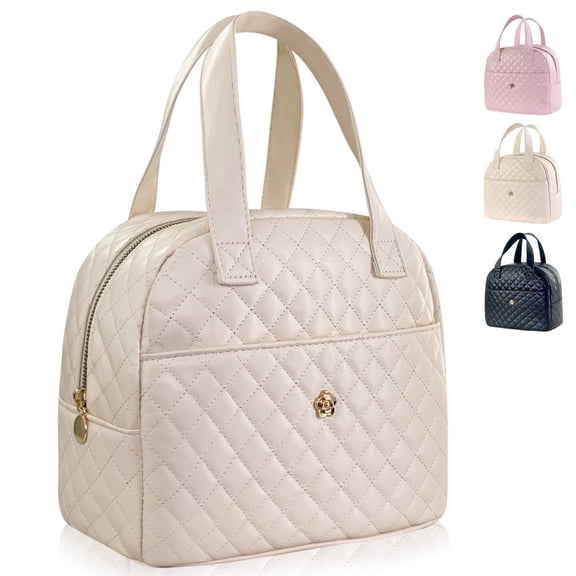 Mziart Cute Lunch Bag for Women, Insulated Lunch Box Tote Bag Reusable PU Leather Bento Cooler Bag for Work Office Picnic Travel (Beige)
