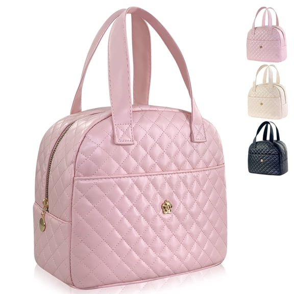 Mziart Cute Lunch Bag for Women, Insulated Lunch Box Tote Bag Reusable PU Leather Bento Cooler Bag for Work Office Picnic Travel (Pink)