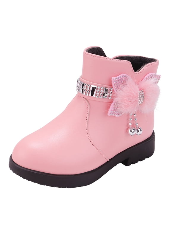 Children Shoes Thick Heel Bling Boots Kids Short Boots Warm Leather Leopard Rain Boots Girls Boots Baby Bow Cute Little Girls Boots Size 12 Cotton Shoes Warm Boots