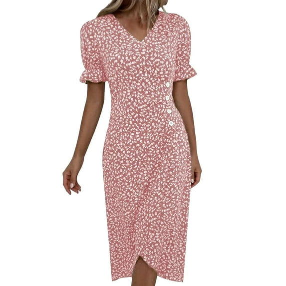 Mzoazpie Women's Button V Neck Dress Casual Short Bubble Sleeve Irregular Hem Button Front Dress Dress Dresses for Women Casual Womens Short Sleeve Dresses Casual Ladies Summer Dresses