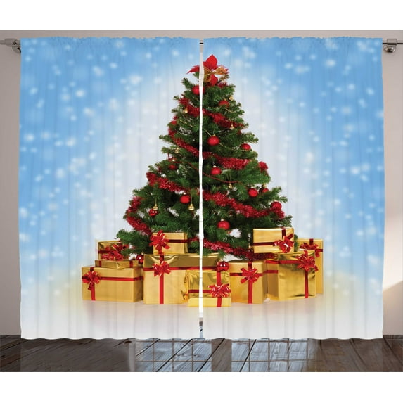 Ambesonne Christmas Curtains 2 Panel Set, Fir Tree Snowy Weather, 108" x 84", Blue and Mustard