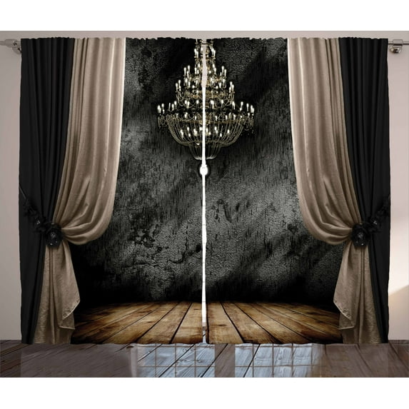 Ambesonne Classical Curtains 2 Panel Set, Dark Ball Room Chandelier, 108" x 84", Black and Sepia