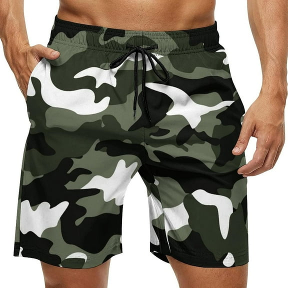 N/A Men's Skull Print Quick Dry Swim Trunks with Board Beach Shorts Camouflage Camo Green