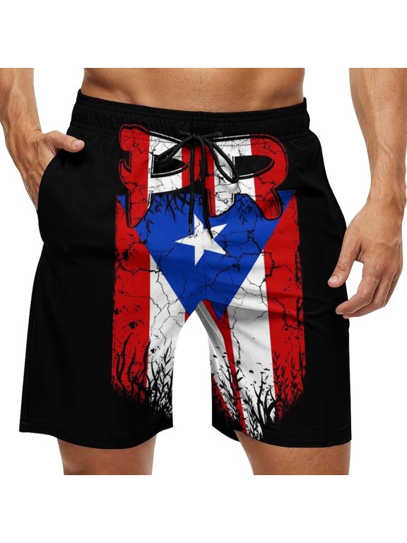 Men's Skull Print Quick Dry Swim Trunks with Board Beach Shorts Puerto Rico Pr Flag