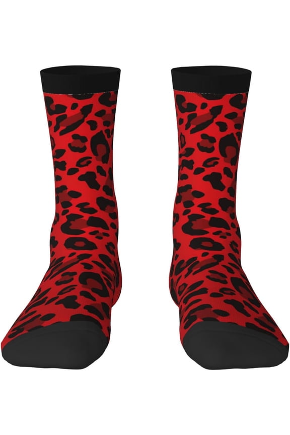 Red Leopard Pattern Print Adult Athletic Crew Socks Men Women Long 7-8.3 In 18-21cm