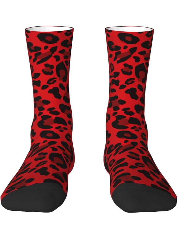 Red Leopard Pattern Print Adult Athletic Crew Socks Men Women Long 7-8.3 In 18-21cm