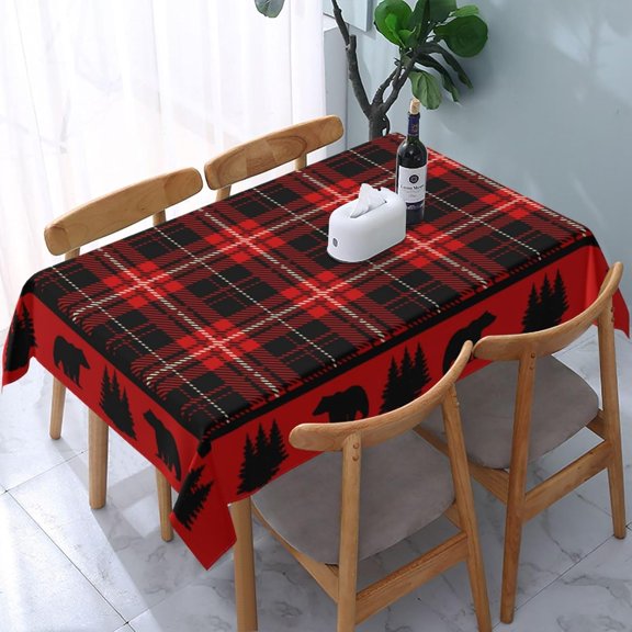 “N/A” Tablecloth Rectangle Cabin Black Bear Red Plaid Polyester Fabric Table Cloth, Water Resistant & Wrinkle Free Table Cover for Kitchen and Dining Room Tabletop 54"x72" (4-6 Seats)