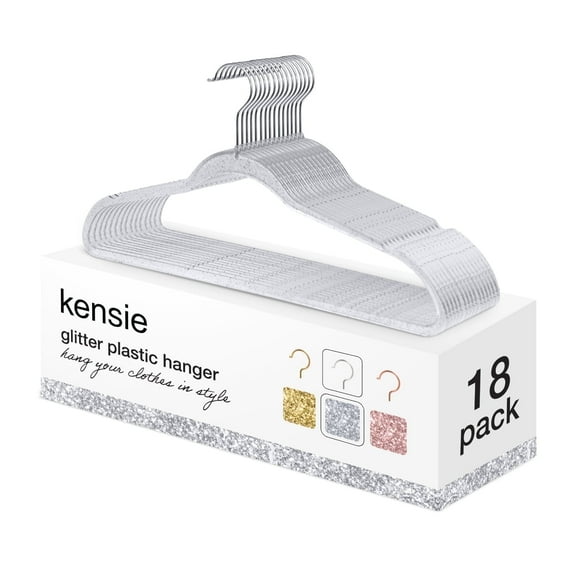 Kensie Glitter Plastic Hangers Multipurpose Thin Clothes Hangers with Swivel Hook, Silver, 18-Pack