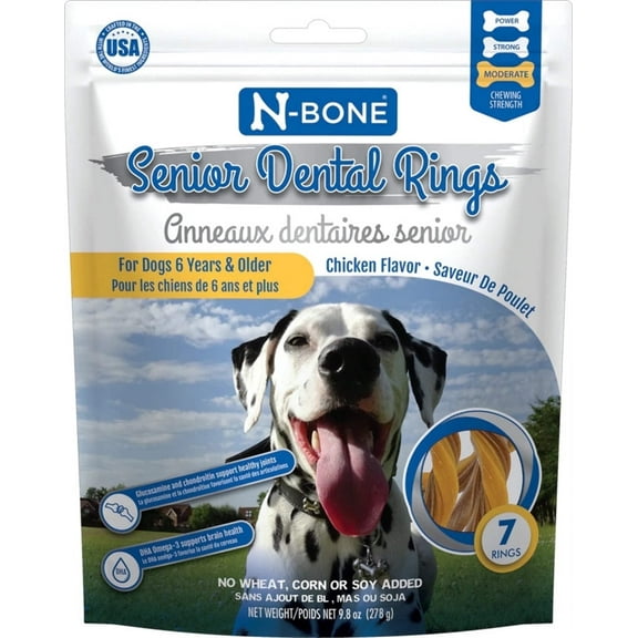 N-Bone Dental Treat SENIOR Dried Dental Rings Chicken Flavor, 7 rings, 9.8 oz, Made in USA