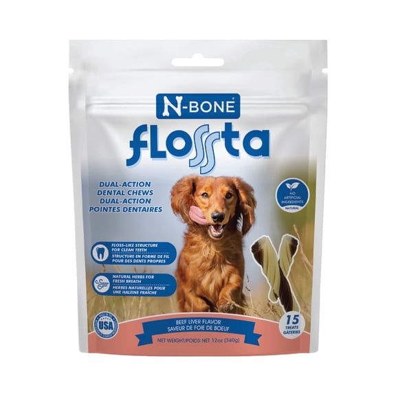 N-Bone FLOSSta® Dental Chews for Dogs, Beef Liver Flavor, 15 count, 12 oz, Natural, No Dyes, Grain-Free, Breath Freshening, Plaque & Tartar Control, Digestible Teething Aid, Made in USA