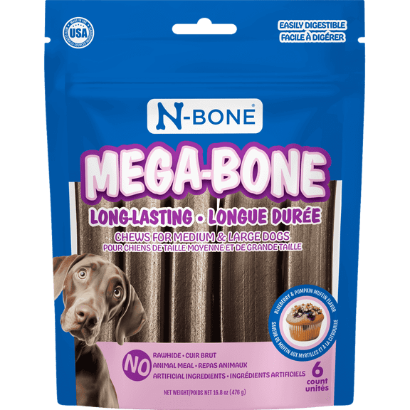 N-Bone Mega-Bone Long Lasting Chew, Blueberry Pumpkin Muffin Flavor 6 count, 16.8 oz, for Medium and Large Dogs, Made in USA