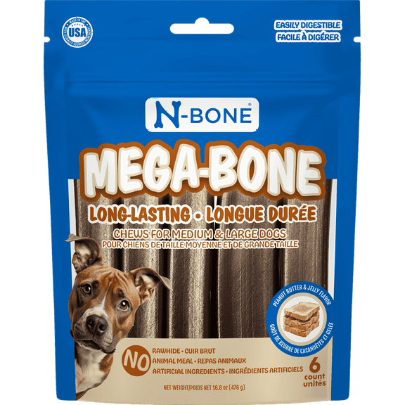 N-Bone Mega-Bone Long Lasting Chew, Peanut Butter & Jelly Flavor, 16.8 oz, 6 Count, for Medium and Large Dogs, Made in USA
