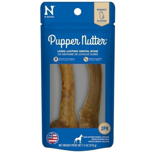 N-Bone  Original Pupper Nutter Dried Long-Lasting Dental Chew Bones for Dogs, Peanut Butter Flavor, Large, 2 count, for Medium and Large Dogs, Natural Alternative to Plastic Chew Toys, Made in USA
