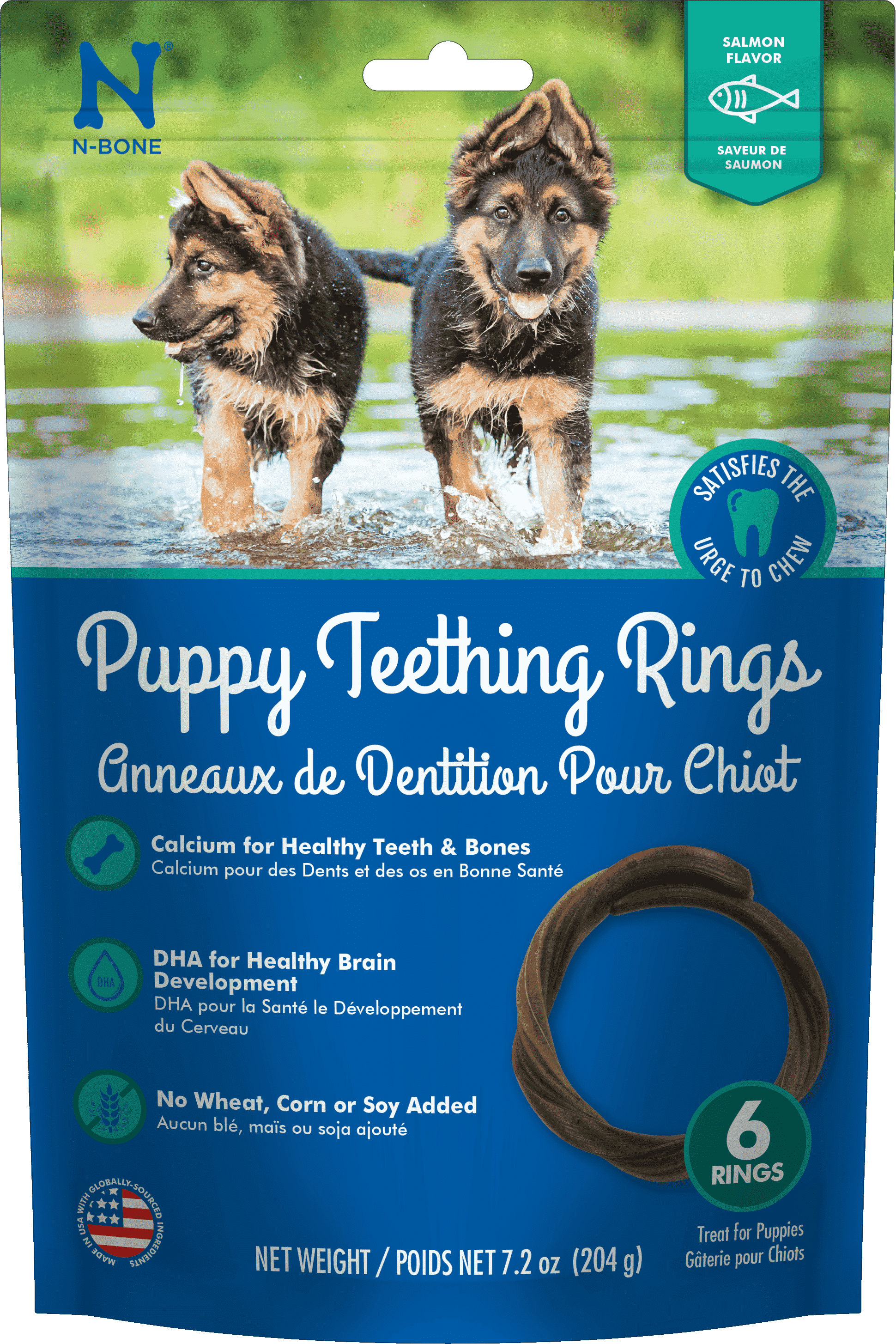 N-Bone Puppy Teething Rings Salmon Flavor Dog Treat, 6 rings per bag, 7.2-oz - Natural Puppy Chew Toys Alternative for Teething Discomfort - Small and Large Dogs