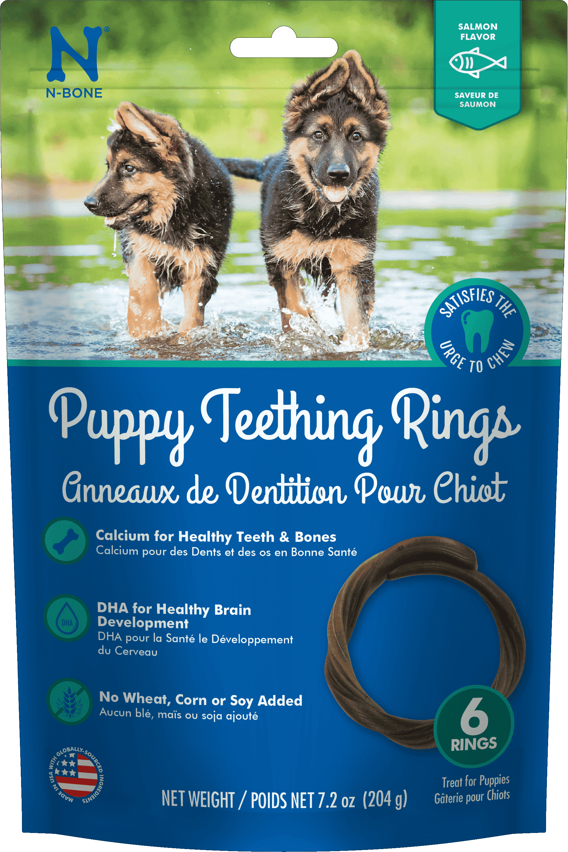 N-Bone Puppy Teething Rings Salmon Flavor Dog Treat, 6 rings per bag, 7.2-oz - Natural Puppy Chew Toys Alternative for Teething Discomfort - Small and Large Dogs