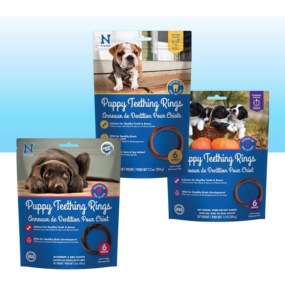 N-Bone Puppy Teething Rings Variety Pack Dried Chew Rings for Puppy Dogs, Chicken & Pumpkin & Blueberry BBQ Flavor, 6-rings Bag x 3, 21.6 oz, for Small and Large Breeds