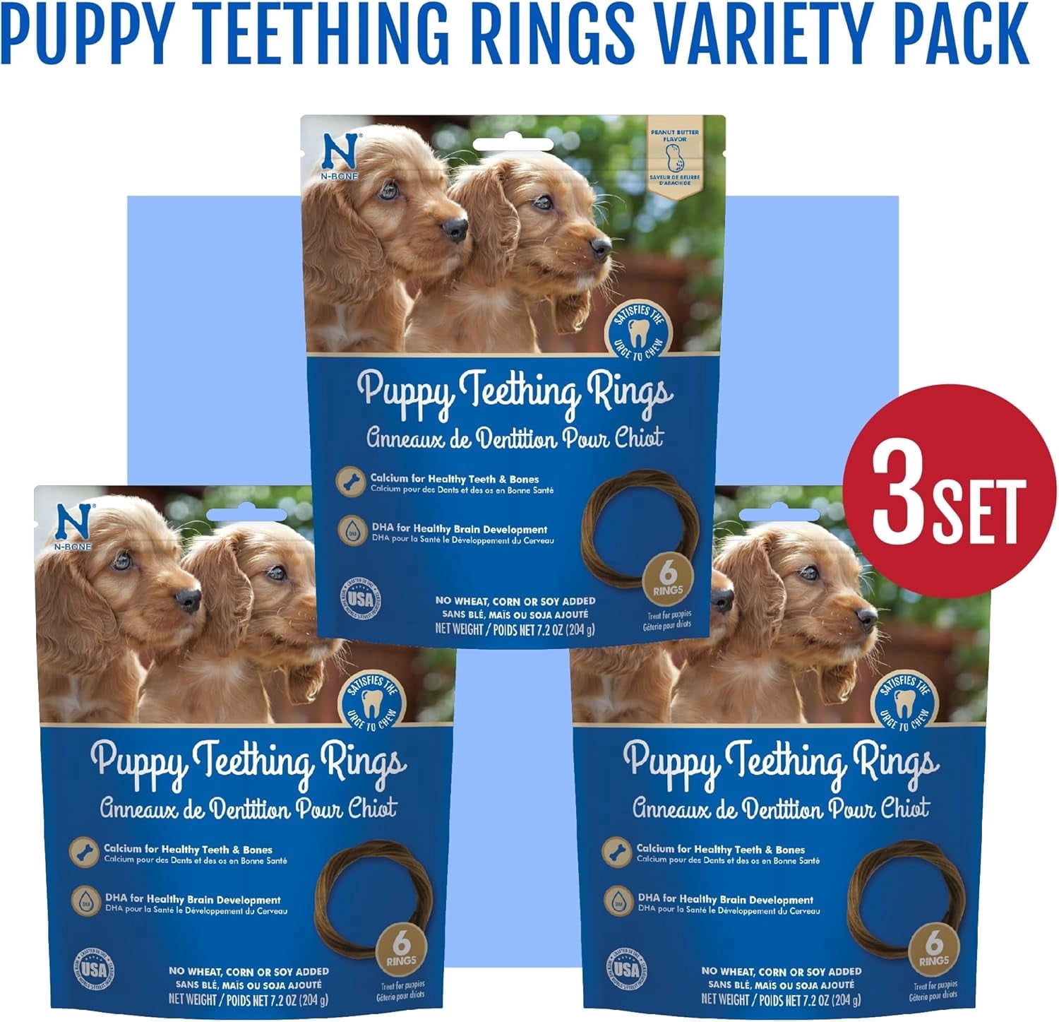 N-Bone Puppy Teething Rings for Puppies, Edible Puppy Chew Rings, Teething Relief for Puppies, Natural Puppy Chews, Soft Puppy Chews, Peanut Butter Flavor, 6-rings Bag x 3, 18 Count, 21.6 oz