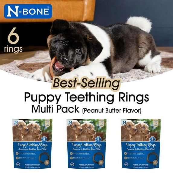 N-Bone Puppy Teething Rings Value Pack, Dried Chew Rings for Dogs, Peanut Butter Flavor, 6 Rings Bag x 3, for Small and Large Breeds
