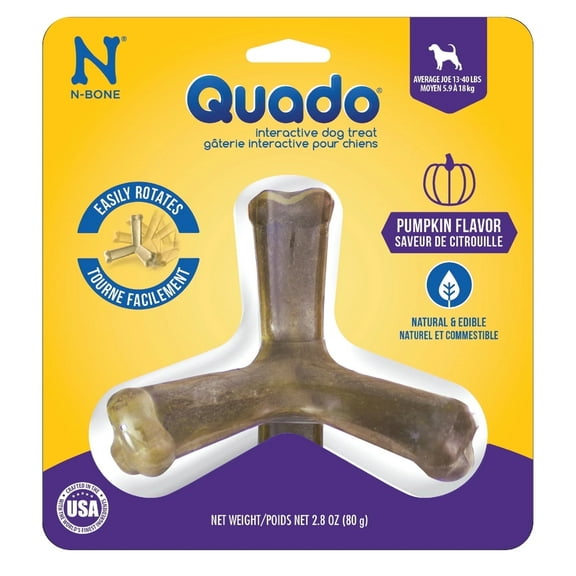 N-Bone Quado Dried Interactive Dog Chews. Pumpkin Flavor, Average Joe, Medium, 1 count, 2.8 oz, for Small & Medium Dog, Natural, Edible, 100% Digestible Dog Chews Alternative to Plastic Toys