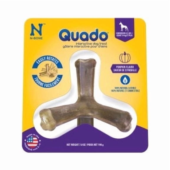 N-Bone Quado® Dried Interactive Dog Chews. Pumpkin Flavor, Ginormous, Large, 1 count, 7 oz, for Large Dog, Natural, Edible, 100% Digestible Dog Chews Alternative to Plastic Toys, Made in USA