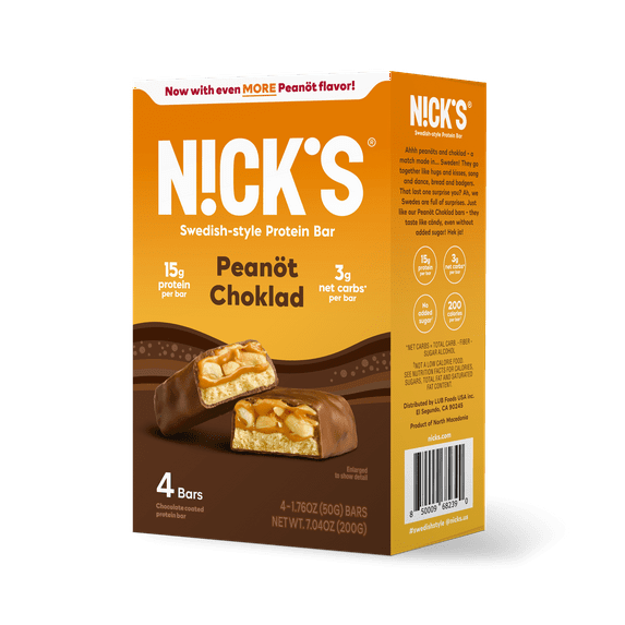 N!CK'S Peanut Chocolate Protein Keto Bar, 1.76 oz, 4 Pack