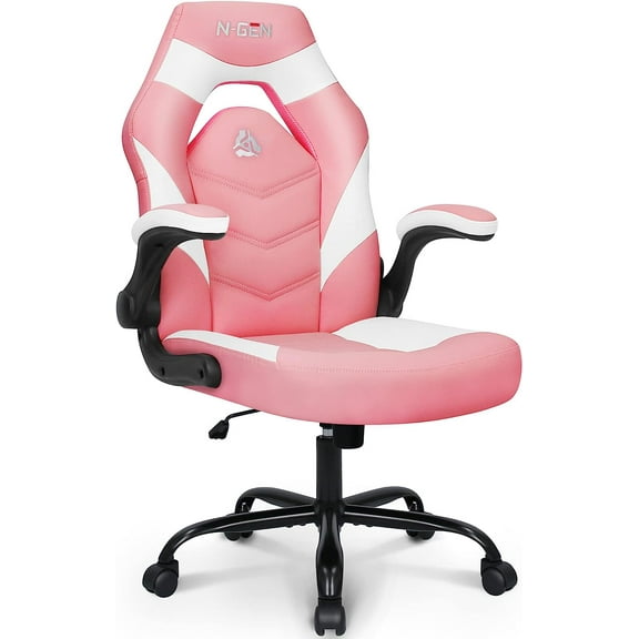 N-GEN Comfortable Flip-Up Armrest Computer Gaming Chair with Swivel Wheels Adjustable, Pink