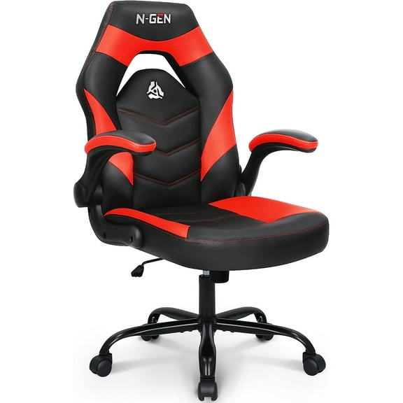 N-GEN Comfortable Flip-Up Armrest Computer Gaming Chair with Swivel Wheels Adjustable, Red