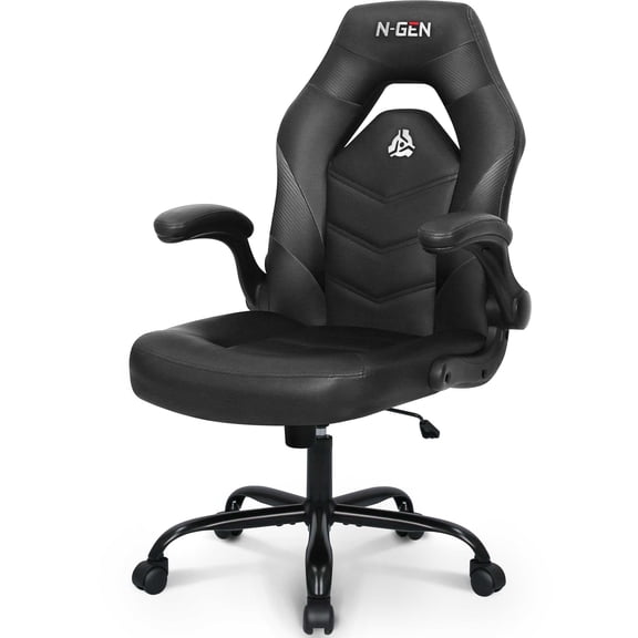 N-GEN GAMING Video Gaming Chair Ergonomic Office Desk Chair with Lumbar Support Adjustable Height Padded Flip Up Arms and Swivel Wheels Racing Style Design for Adults with PU Leather (Black)