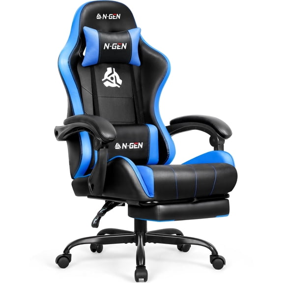 N-GEN GAMING Video Gaming Chair with Footrest Lumbar Support for Home Office High Back Recliner Height Adjustable Ergonomic Comfy Leather Computer Desk Chair (Blue)