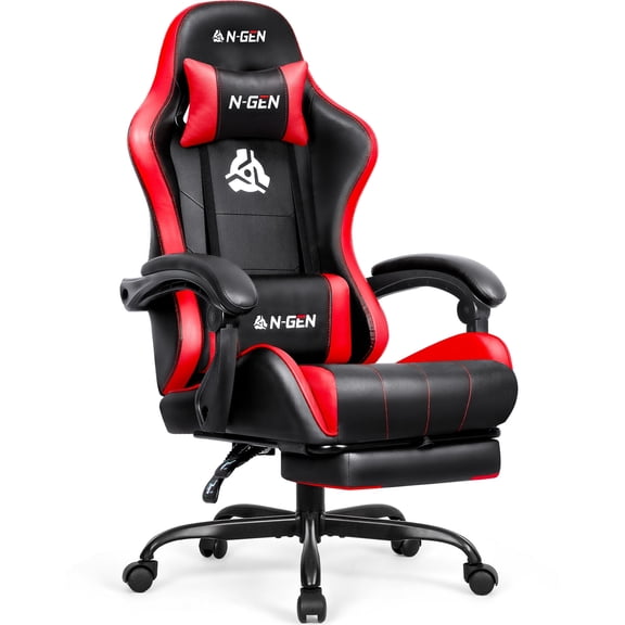 N-GEN GAMING Video Gaming Chair with Footrest Lumbar Support for Home Office High Back Recliner Height Adjustable Ergonomic Comfy Leather Computer Desk Chair (Red)