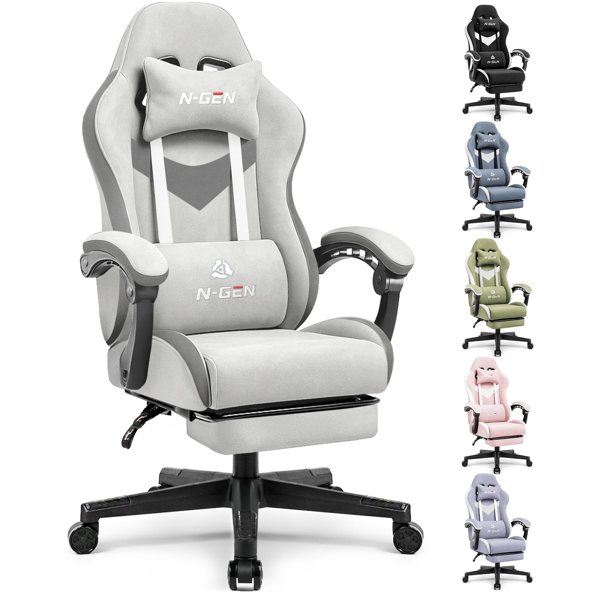 N-GEN GAMING Video Gaming Chair Office Computer Desk Use Ergonomic Reclining Backrest Adjustable Armrests Lumbar Support Footrest High Density Foam Breathable Fabric Heavy Duty Base (Grey)