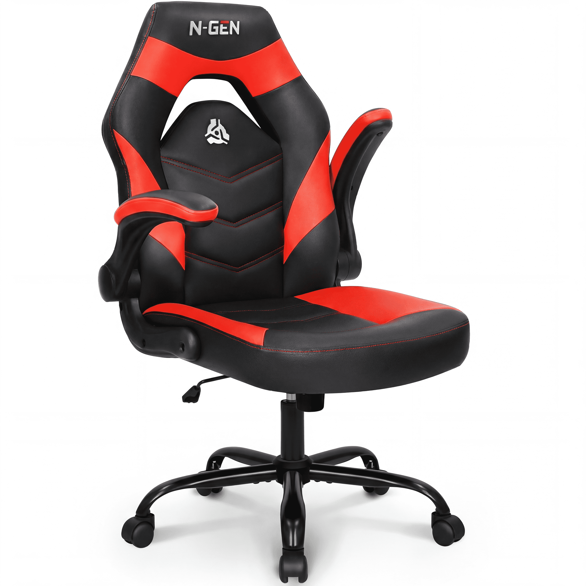 N-GEN Video Gaming Chair Ergonomic Computer Desk Office Chair with Lumbar Support Adjustable Height Swivel Wheels Flip-Up Arms PU Leather Home and Office (Classic Red)
