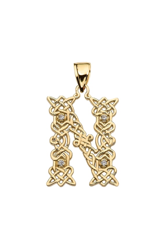 N" INITIAL IN CELTIC KNOT PATTERN YELLOW GOLD PENDANT NECKLACE WITH DIAMOND :  14K  Pendant only