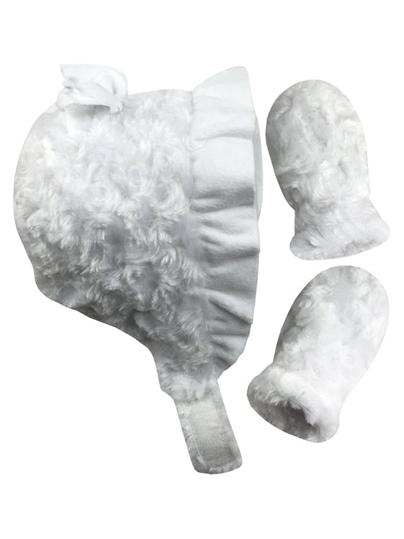 Baby Infant Girls Minky Velboa Bonnet Headwear Hat Mitten Set - White