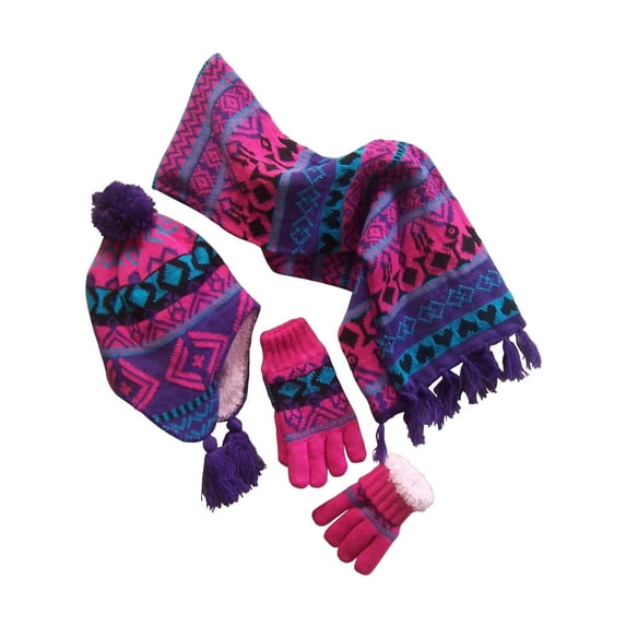 N'Ice Caps Big Girl's Warm Sherpa Lined Jacquard Hat, Scarf & Glove Set, Pink, 3-Piece
