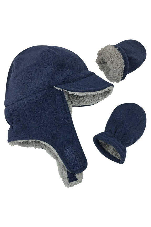 Little Boys Baby Sherpa Lined Fleece Brim Hat & Mitten Winter Set - Toddler Kids Navy