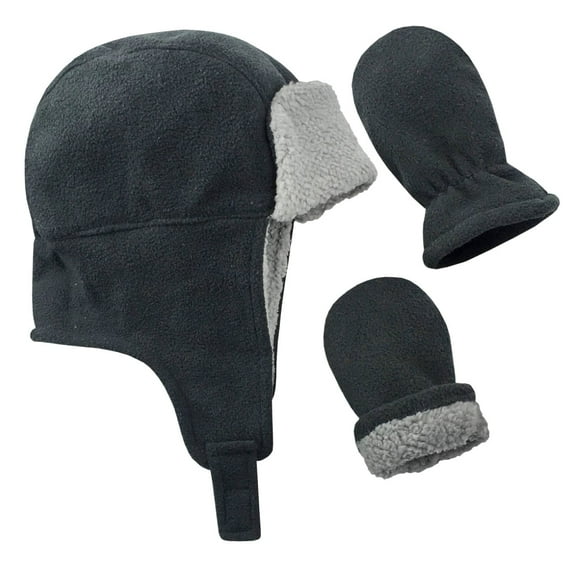 N'Ice Caps Boys Toddler Baby Fleece Sherpa Lined Trooper Hat & Mitten Winter Set - Grey