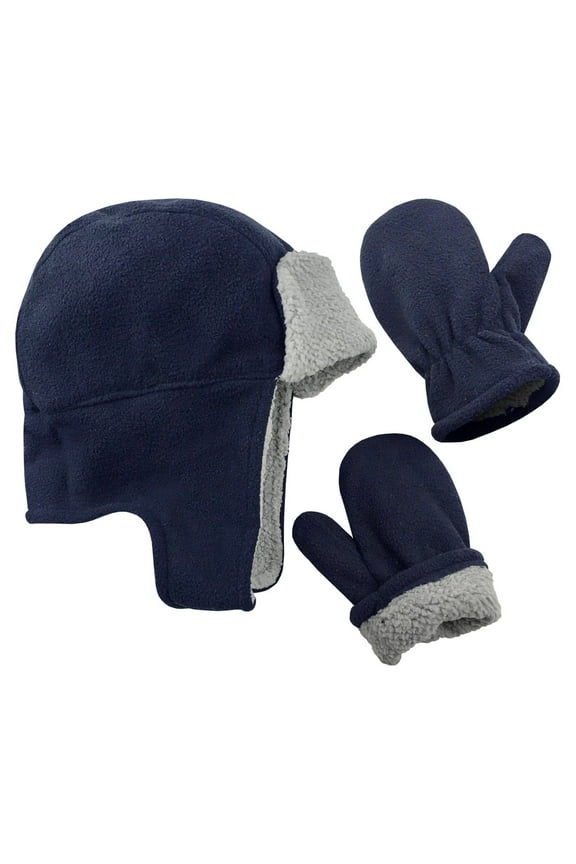 Boys Toddler Baby Fleece Sherpa Lined Trooper Hat & Mitten Winter Set - Kids Navy