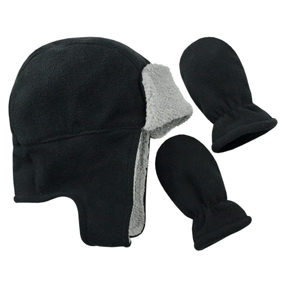N'Ice Caps Boys Toddler Baby Fleece Sherpa Lined Trooper Hat & Mitten Winter Set - Black