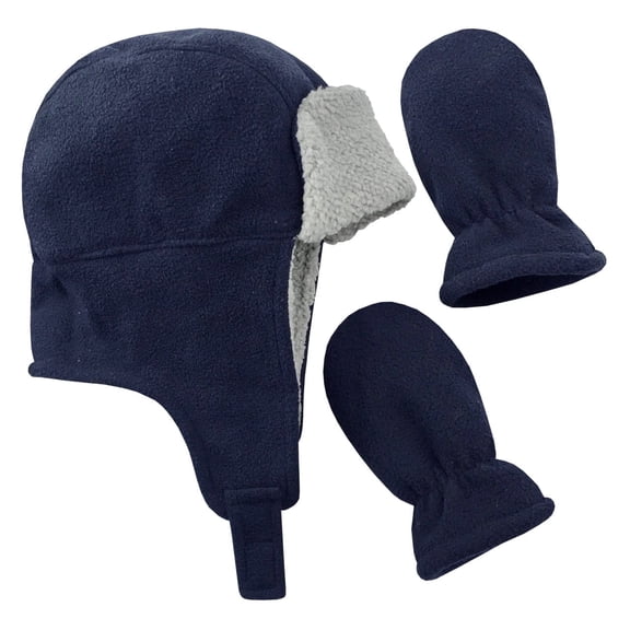 N'Ice Caps Boys Toddler Baby Fleece Trooper Hat Mitten Winter Set - Navy Sherpa Lined
