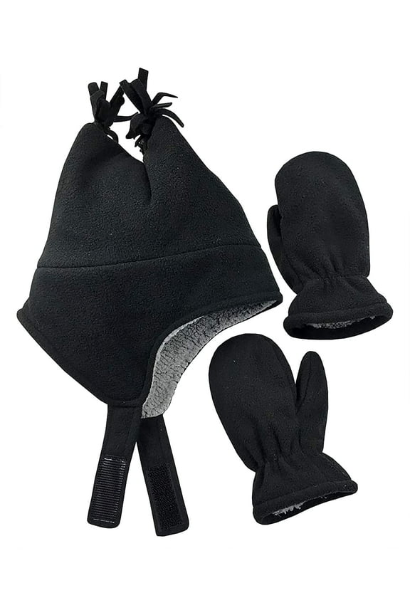 Boys Toddler Baby Warm Sherpa Lined Fleece Ski Hat Mitten Winter Set - Kids Black