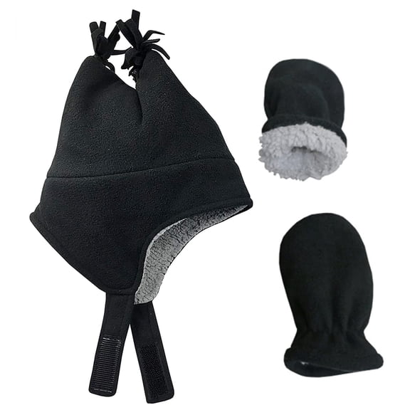 N'Ice Caps Boys Toddler Baby Warm Sherpa Lined Fleece Ski Hat Mitten Winter Set - Kids Children Black