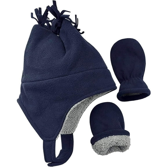 N'Ice Caps Boys Toddler Baby Warm Sherpa Lined Fleece Ski Hat Mitten Winter Set - Kids Navy