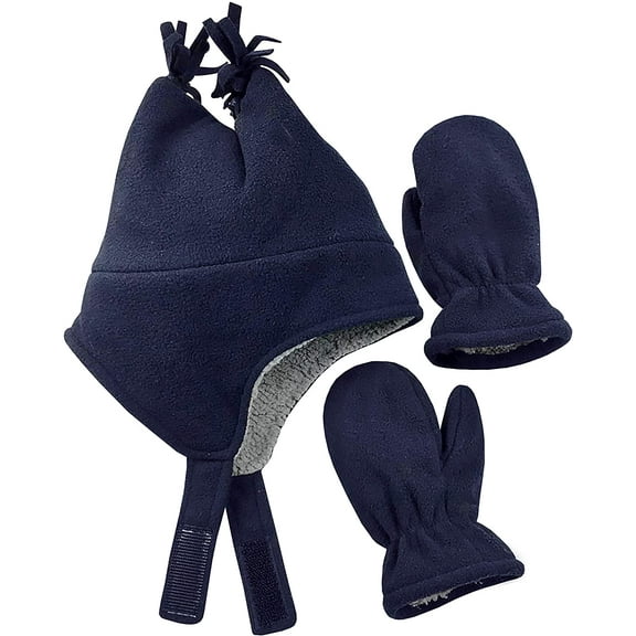 N'Ice Caps Boys Toddler Baby Warm Sherpa Lined Fleece Ski Hat Mitten Winter Set - Kids Navy